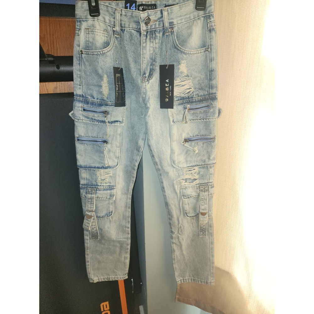 NWT Waimea Jeans Boys 14 Ligh Denim Slim Tapered Stacked Fit Multi Cargo Pockets
